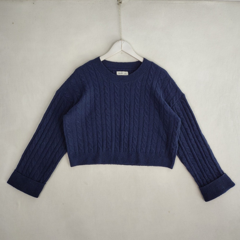 Hollister Navy Blue Cable Knit Cropped Sweater Womens Small Crew Neck Pullover